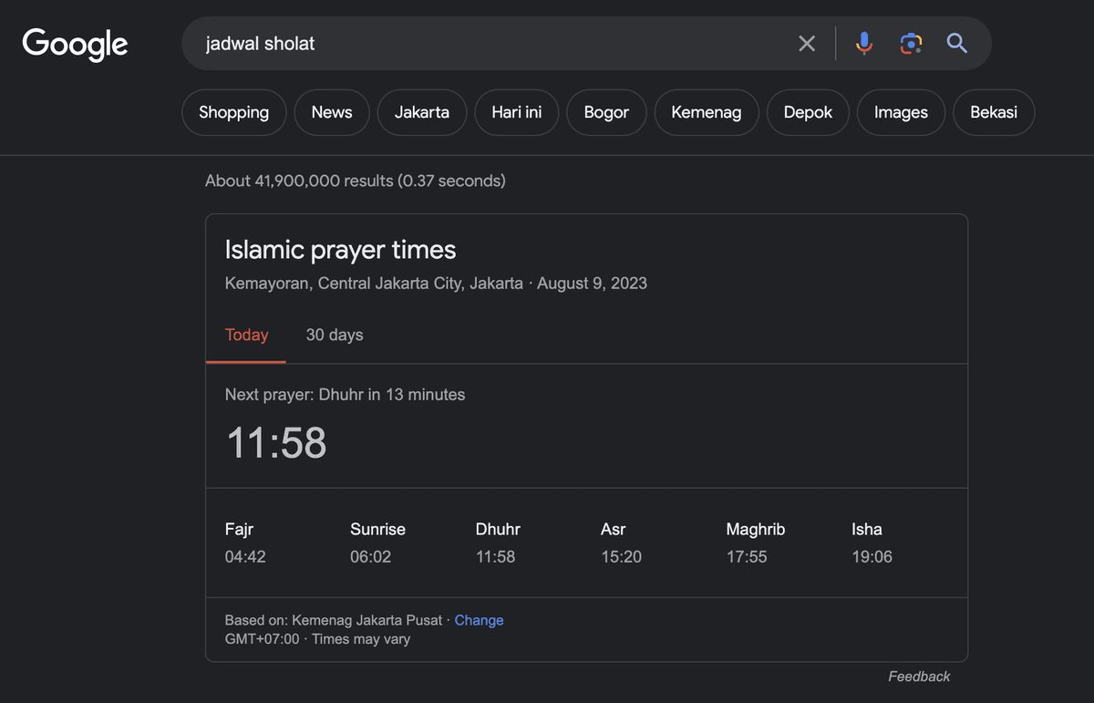 Google menampilkan jadwal sholat