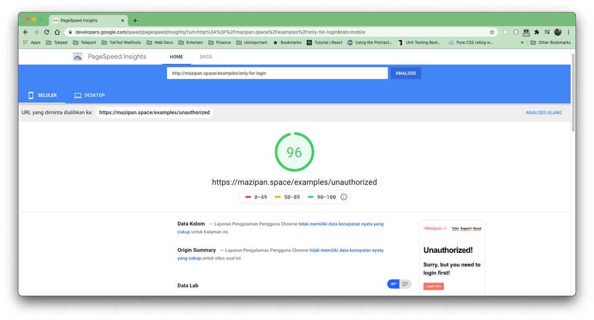 Gambar hasil uji PageSpeedInsight pada halaman yang membutuhkan login